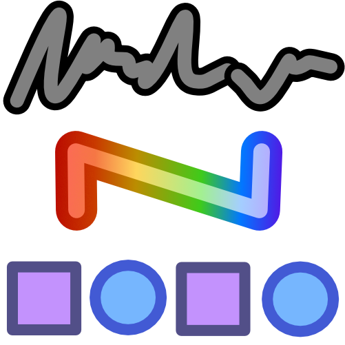 Above an elongated rainbow capital N shaped line in the center of the image is a grey and black squiggly line, below it are alternating purple squares and blue circles. The image has dark line art.